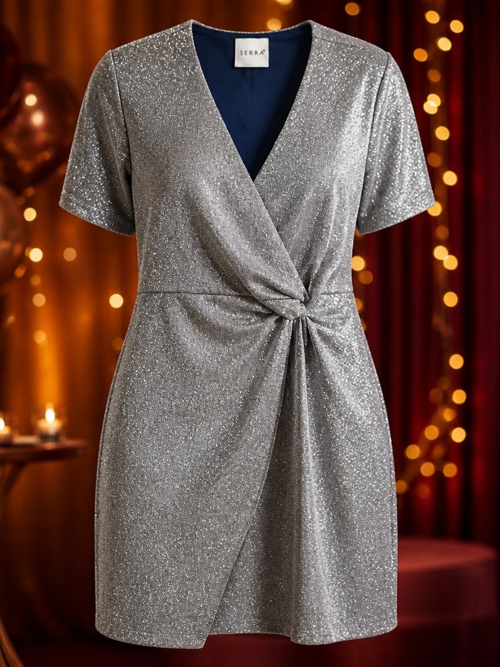 Aldi Find Serra Holiday Shimmer Dress L Silver Blue Lining Short Sleeves 4059